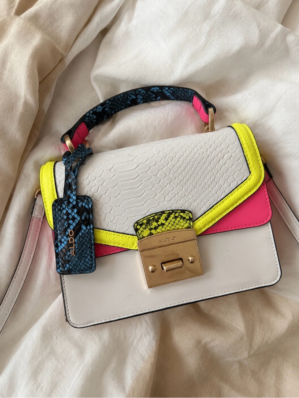 Aldo White Satchel with Neon Yellow, Hot Pink & Blue Snake-Print Accents